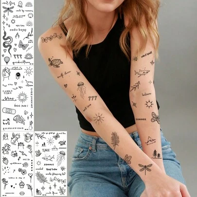 4入組黑色暫時性紋身貼紙，包含水母、蝴蝶、貓、花卉、字母和蛇設計，適用於腿部、腳部、鎖骨、頸部震撼紋身