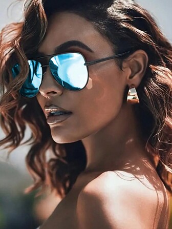 1pc Ladies' Blue Mirrored Reflective Punk Metal Aviator Frame Fashion Glasses, Perfect For Daily Travel & Streetwear Fashion Beach Accessories For Women Glasses Shades Basics Fall Winter Women Outfits Clothes Business Casual Gifts For Summer Beach Vacation,Outdoor,Travel