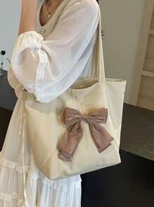 1 件米色大容量可爱蝴蝶结装饰尼龙女士单肩托特包，适合日常使用、上班通勤、轻便、多功能、大学生、短途旅行、购物袋