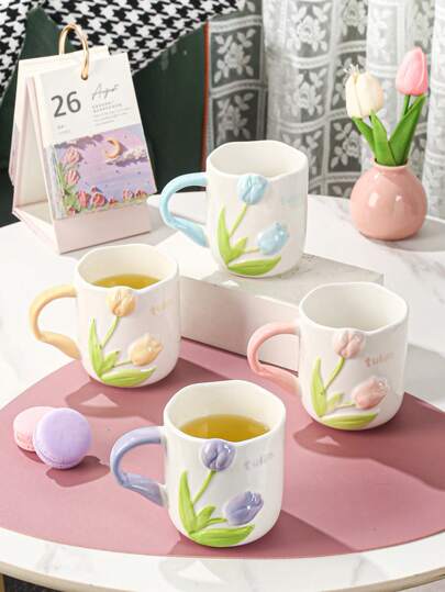 1 pieza Taza de cerámica con diseño de tulipán, creativa y elegante, adecuada para té, café, leche, jugo, ideal para bodas, fiestas, regalos, cumpleaños, Navidad y vuelta al colegio