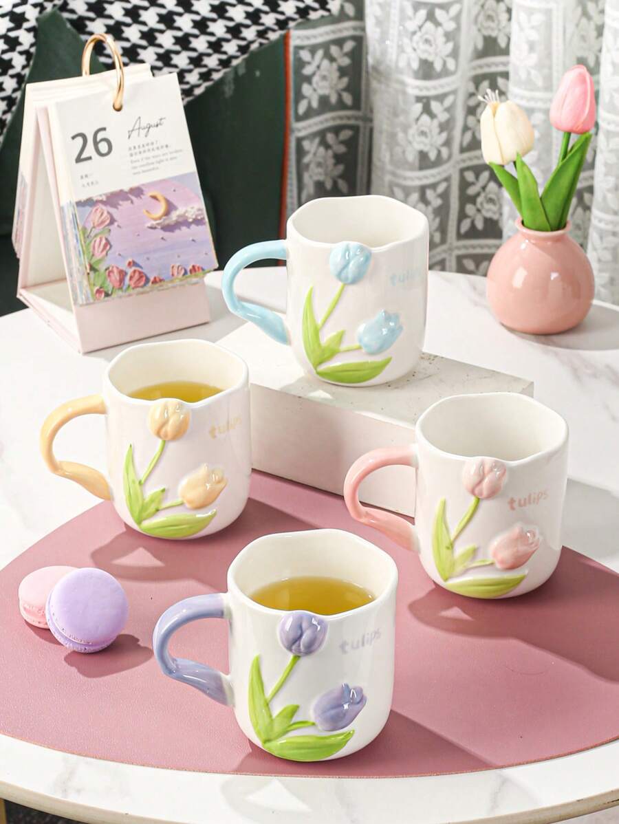 1 pieza Taza cerámica creativa y delicada con diseño de tulipán en 3D, adecuada para té, café, leche, jugo de frutas, bodas, fiestas, regalos, cumpleaños, Navidad y regreso a la escuela