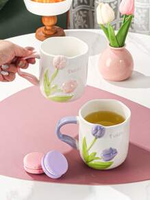 1 pieza Taza cerámica creativa y delicada con diseño de tulipán en 3D, adecuada para té, café, leche, jugo de frutas, bodas, fiestas, regalos, cumpleaños, Navidad y regreso a la escuela - Rosa - Ver 6