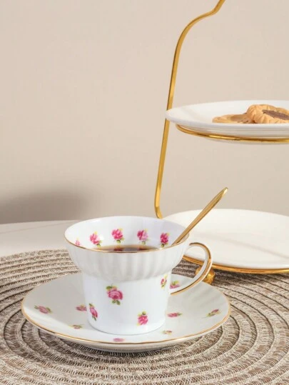 1pc Vintage British Style Rose Ceramic Coffee Cup And Saucer Set, With Elegant Golden Rim Design, Suitable For Clubhouse, Coffee Shop, Gifting, Party