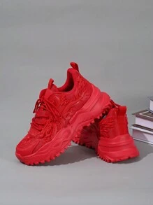 Sneaker casual sportivo da uomo, con elemento del drago cinese, cultura orientale, scarpe versatili e traspiranti alla moda, con platform, punta tonda e allacciatura, regalo per le vacanze, sneaker casual, elemento natalizio, design a macchie di sangue vivaci