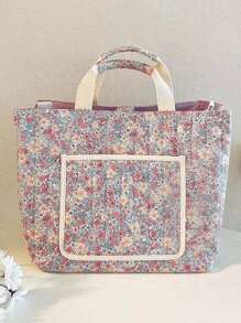 1 件花卉印花尿布手提包，大容量绗缝手提包，适合婴儿日常外出，单肩妈咪包