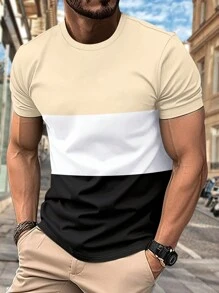 Camiseta de hombre bloqueada en color para verano, transpirable y cómoda, informal para deportes, fitness, vacaciones en la playa, con mangas cortas