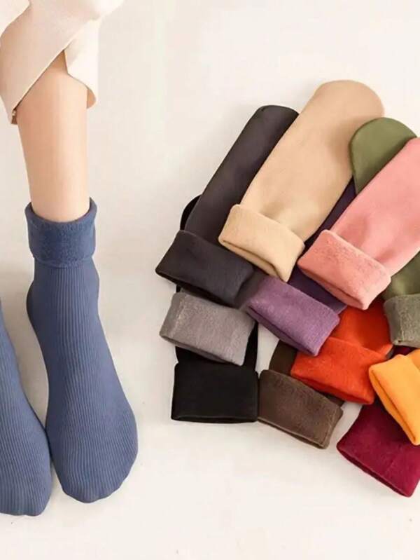Kit 5 Pares Meias De Inverno Femininas De Cor Solo Grosso Forro De Lã De Pelúcia Para Manter-se Aquecido