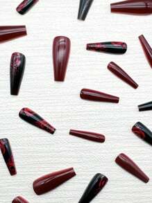 Black Press On Nails Long Coffin Fake Nails With Wine Red Large Rose Flower Pattern Design Autumn Winter Acrylic Glossy Stick On False Nails Artificial Full Cover Glue On Nails For Women Girls 24 Pcs