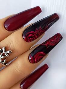 Black Press On Nails Long Coffin Fake Nails With Wine Red Large Rose Flower Pattern Design Autumn Winter Acrylic Glossy Stick On False Nails Artificial Full Cover Glue On Nails For Women Girls 24 Pcs