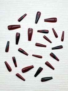 Black Press On Nails Long Coffin Fake Nails With Wine Red Large Rose Flower Pattern Design Autumn Winter Acrylic Glossy Stick On False Nails Artificial Full Cover Glue On Nails For Women Girls 24 Pcs