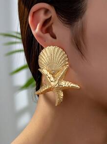 1 par de aretes de estrella de mar y concha dorada de playa, accesorios versátiles, adecuados para mujeres para usar - Dorado - Ver 6