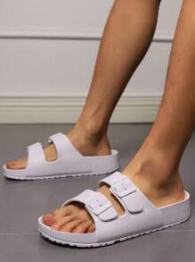 Women Summer Eva Flat Slippers, Outdoor Flat Slides, Double Buckles Eva Sandals, Ultra-Light Beach Slippers Shoes, Home Bathing