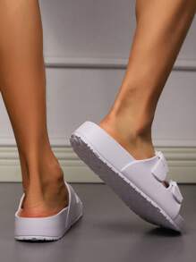 Women Summer Eva Flat Slippers, Outdoor Flat Slides, Double Buckles Eva Sandals, Ultra-Light Beach Slippers Shoes, Home Bathing