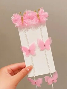 2入組女孩粉色蝴蝶結珍珠髮夾，公主可愛髮飾，配有流蘇和珍珠編織鏈 - 彩色 - 查看 4