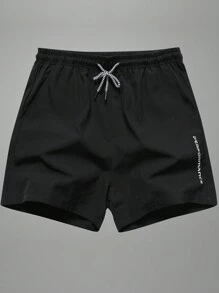 3 piezas Pantalones cortos de verano para hombres, pantalones cortos de entrenamiento 3/4 con cordón y bolsillos, con estampado de letra reflectante, pantalones casuales - Negro - Ver 3