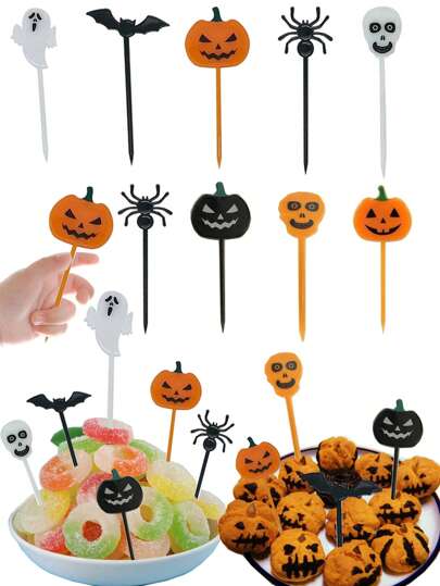 10pcs Halloween Halloween Fruit Forks Party Decoration Cake Dessert Forks Toothpicks Dessert Pastries Pumpkin Party Dinner Party Decoration Multi-Color Random,Kitchen,Christmas Gift