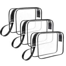 1 pieza Bolsa de aseo transparente negra con cremallera, bolsa de cosméticos de viaje de PVC con asas, bolsa de maquillaje para hombres y mujeres, bolsa de viaje de un cuarto de galón conforme a la aerolínea, artículos esenciales de verano para playa, vacaciones, escuela, útiles escolares, artículos esenciales para dormitorio - Negro - Ver 1