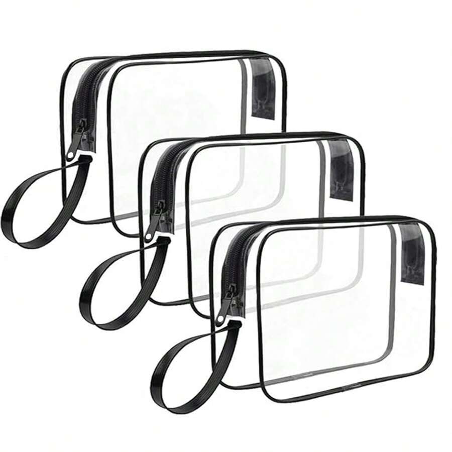 1 pieza Bolsa de aseo transparente negra con cremallera, bolsa de cosméticos de viaje de PVC con asas, bolsa de maquillaje para hombres y mujeres, bolsa de viaje de un cuarto de galón conforme a la aerolínea, artículos esenciales de verano para playa, vacaciones, escuela, útiles escolares, artículos esenciales para dormitorio - Negro - Ver 1