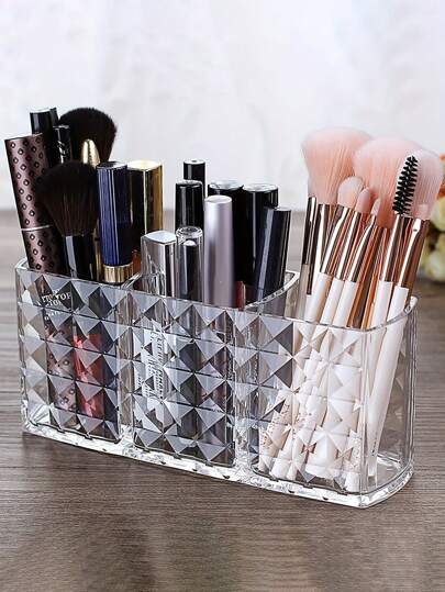 1pc Diamond Pattern Three-Grid Transparent Pen Holder, Makeup Brush Storage Container, Creative Bathroom Washstand Desktop Makeup Pen Storage Box  Decorations   Autumn Decor Festival Decor Room Decor Home Decor Fall Decor Bedroom Decor