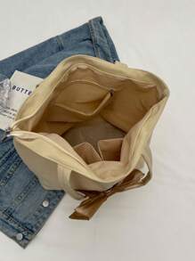 1 件米色大容量可爱蝴蝶结装饰尼龙女士单肩托特包，适合日常使用、上班通勤、轻便、多功能、大学生、短途旅行、购物袋