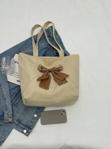 1 件米色大容量可爱蝴蝶结装饰尼龙女士单肩托特包，适合日常使用、上班通勤、轻便、多功能、大学生、短途旅行、购物袋