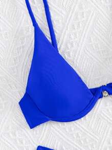 Swimsuit women's two-piece split solid Colour underwire sexy swimsuit - Blue - View 2