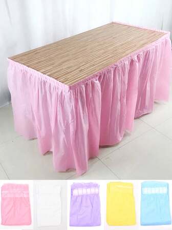1pc 73x420cm Table Skirt, Macaron Colors, Pastel Rainbow, Suitable For Baby's 1st Birthday Party, Children's Birthday Party Decoration, Available In Pink, Blue, White, Also Suitable For Christening, Naming Ceremony, Wedding