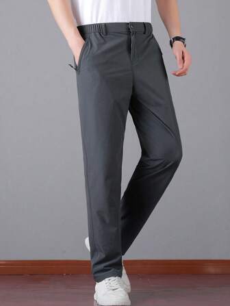 1pc Boyfriend Style Men's Summer Lightweight Sports Pants Solid Color Golf Trousers Lightweight Breathable Elastic Waist Casual Dress Pants With Zippered Pockets, Suitable For Casual And Sports Wear