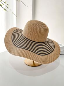 1入女式波西米亞風格條紋卡其色寬邊沙灘帽，1入手編肩背包，適合存放手機和其他日常必需品，時尚典雅的防曬摺疊帽，適用於海灘度假、戶外輕旅行、休閒時尚、購物、工作、派對和日常穿搭 - 彩色 - 查看 11