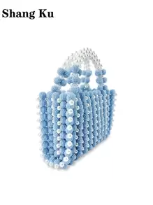 Handmade Beaded Mother Bag With Pearl And Myrica Rubra Design - Blue - View 8