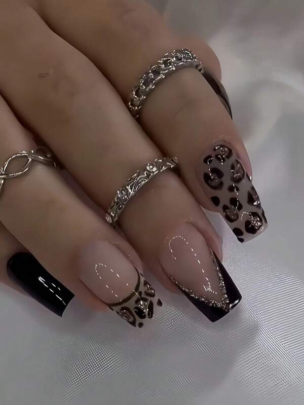 24 piezas Uñas postizas cuadradas con lazo estilo leopardo negro europeo y americano, aptas para boda, fiesta, sesiones de fotos + Gel de uñas + Lima de uñas