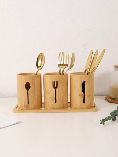 4 szt./zestaw - trzy pojemniki do przechowywania przyborów kuchennych z bambusową podstawą na noże, widelce i łyżki