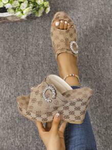 Women's Wedge Heel Thick Sole Denim Cloth Sandals, Summer 2024 New Arrival, With Height-Increasing Design - Mocha Brown - View 3