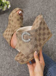 Women's Wedge Heel Thick Sole Denim Cloth Sandals, Summer 2024 New Arrival, With Height-Increasing Design - Mocha Brown - View 1