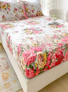 1pc Soft & Skin-Friendly Printed Fitted Sheet, Minimalist & Fashionable For Everyday Use - Red and White - View 3