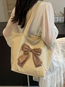 1 件米色大容量可爱蝴蝶结装饰尼龙女士单肩托特包，适合日常使用、上班通勤、轻便、多功能、大学生、短途旅行、购物袋