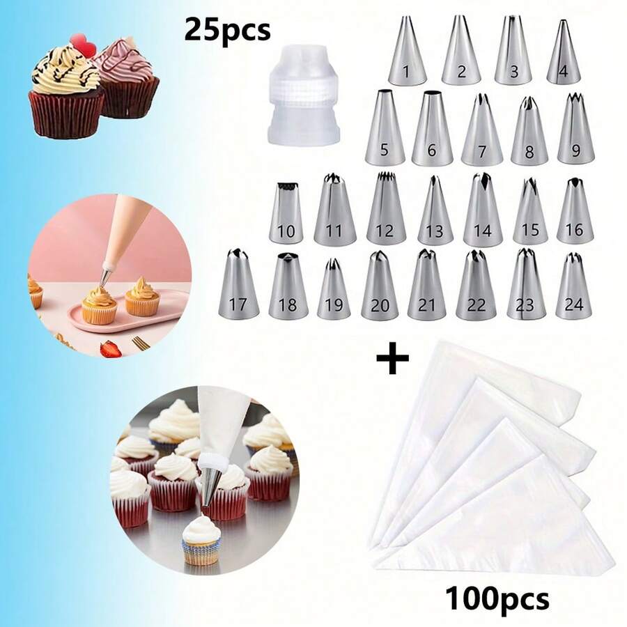 125pcs Stainless Steel Cake Decorating Tools Set, Including Cream Nozzle, Piping Bags, Baking & Pastry Tools