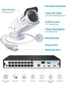 ZOSI 24CH 4K PoE Security Camera System With 4TB HDD,16pcs 8MP Outdoor Audio IP Cameras,Night Vision,Person Vehicle Detection,Smart Light Siren,Dual Disk Backup,4K 16 Port 24CH NVR - White - View 2