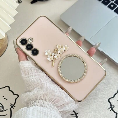 1 件圆形镜面装饰 6D 直边金色框架手机壳适用于 适用于三星 S24 S23 S22 S21 A11 A12 A13 A14 A53 A54、15 14 13 12 11 X 8 7、OPPO A54、Vivo Y21、Redmi Note 9 Pro