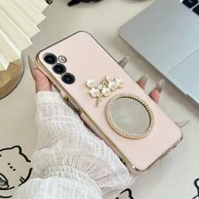 1个圆形镜面装饰6D直边金色边框手机壳，兼容、三星S24、S23、S22、S21、A11、A12、A13、A14、A53、A54、15、14、13、12、11 x 8、7英寸手机，兼容OPPO A54、vivo Y21、Redmi Note 9 Pro - 粉色 - 查看 5