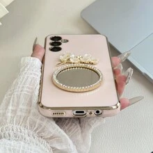 1个圆形镜面装饰6D直边金色边框手机壳，兼容、三星S24、S23、S22、S21、A11、A12、A13、A14、A53、A54、15、14、13、12、11 x 8、7英寸手机，兼容OPPO A54、vivo Y21、Redmi Note 9 Pro - 粉色 - 查看 3