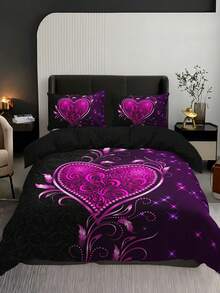 3pcs Bedding Set (1 Duvet Cover Without Comforter + 2 Pillowcases Without Pillow Core), High-Definition Printed Romantic Hearts & Flowers Design, For Home & Dorm - Multicolor - View 2