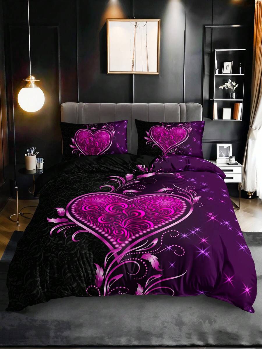 3pcs Bedding Set (1 Duvet Cover Without Comforter + 2 Pillowcases Without Pillow Core), High-Definition Printed Romantic Hearts & Flowers Design, For Home & Dorm - Multicolor - View 1