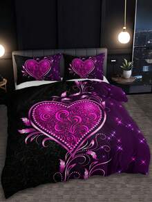 3pcs Bedding Set (1 Duvet Cover Without Comforter + 2 Pillowcases Without Pillow Core), High-Definition Printed Romantic Hearts & Flowers Design, For Home & Dorm - Multicolor - View 5