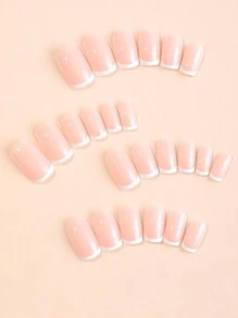24片粉色漸層透明白色心形中性法式美甲貼紙，杏仁形短假指甲，美甲用品，禮品組含1個迷你指甲銼刀和1個美甲貼紙墊 - 彩色 - 查看 2