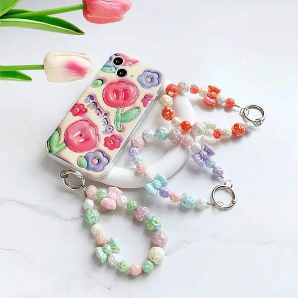 1 pieza Llavero con flor de bolas de cuentas de color caramelo, Llavero Pom Pom DIY, Charm de bolso con lazo transparente, Regalo para mujer, Regalo de regreso a la escuela