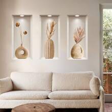 1set/3pcs 3D Effect Art Wall Stickers For Background Decoration - Triptych Style For Foyer And Living Room Decor - Multicolor - View 5