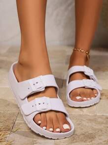 Women Summer Eva Flat Slippers, Outdoor Flat Slides, Double Buckles Eva Sandals, Ultra-Light Beach Slippers Shoes, Home Bathing