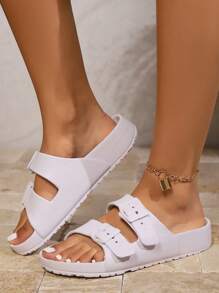 Women Summer Eva Flat Slippers, Outdoor Flat Slides, Double Buckles Eva Sandals, Ultra-Light Beach Slippers Shoes, Home Bathing