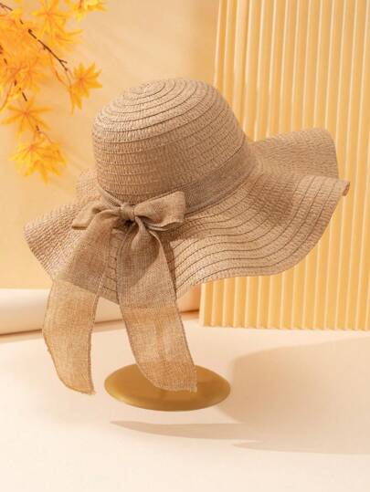 1 pieza Sombrero de playa caqui con rayas ondulantes y lazo para mujeres, elegante y protegido contra el sol para vacaciones en la playa